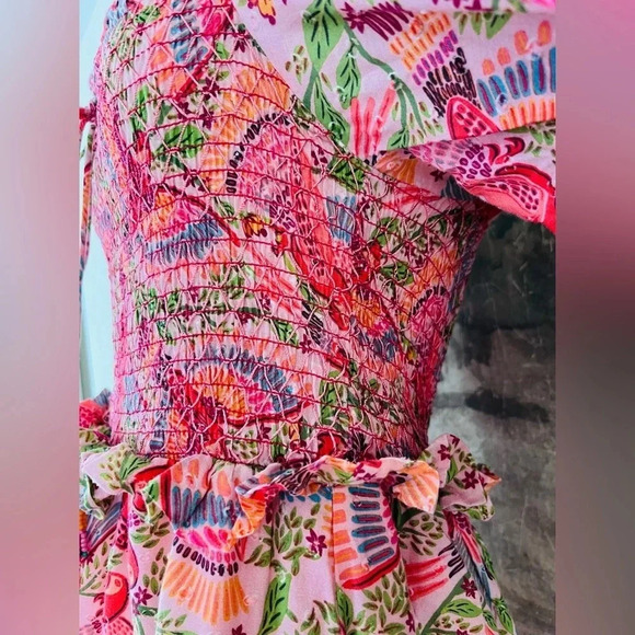 Anthropologie Farm Rio Macaw Flight Smocked Dress Size Medium NWOT $270 - Picture 5 of 16